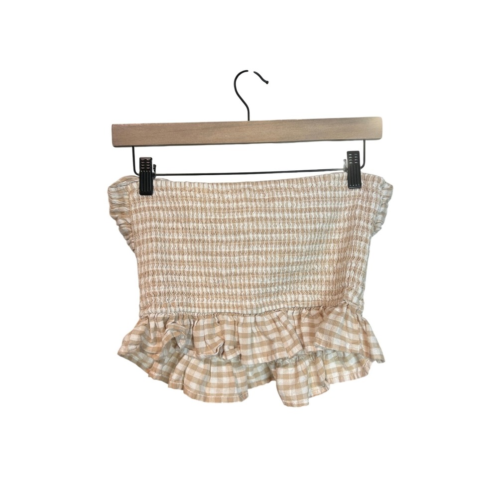 Japna Gingham Smocked Tube Top Tan White Ruffle Hem Small Cottagecore Boho - Picture 3 of 4
